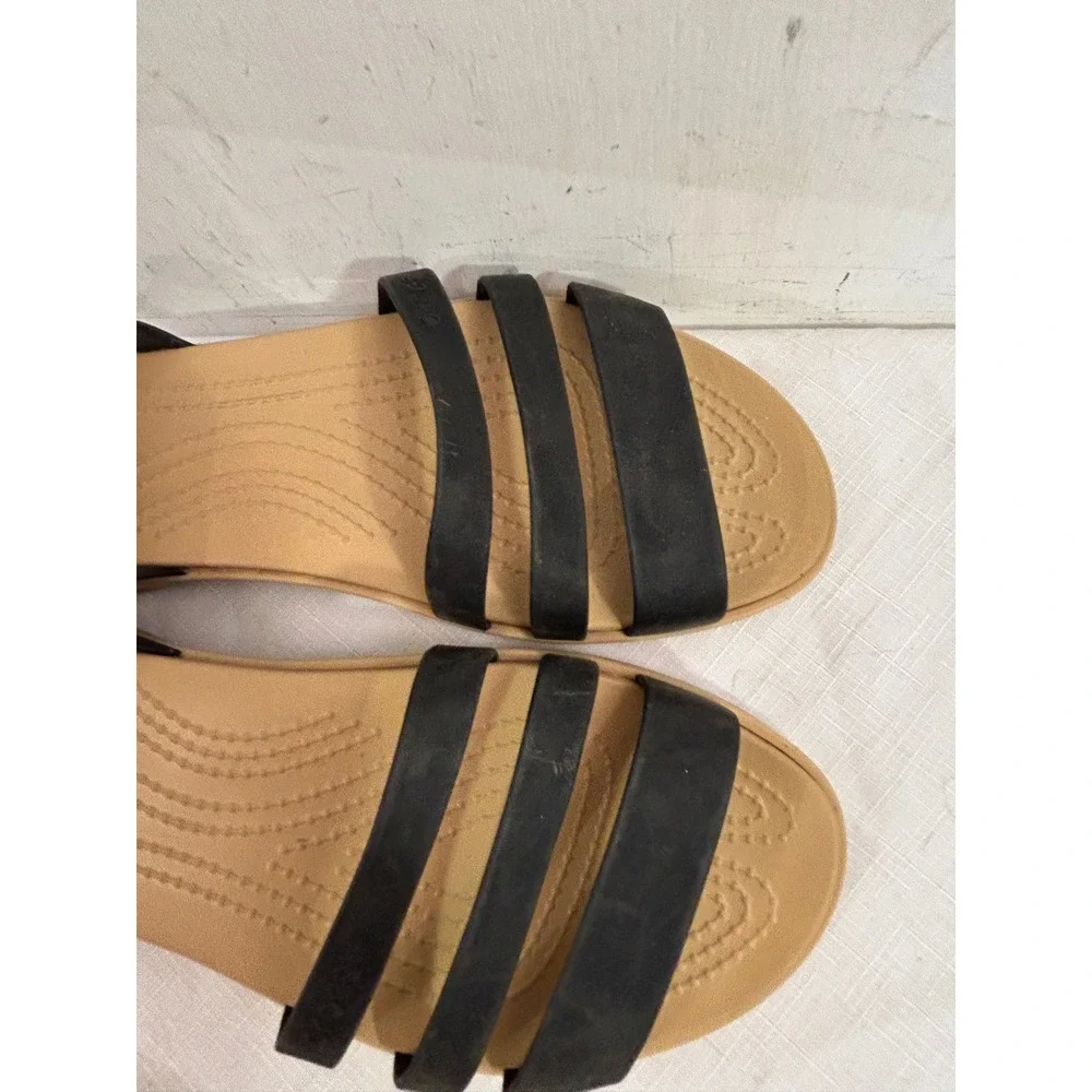 Crocs Tulum Open Toe Sandals Size 9 Black Tan Strappy Comfort Womens